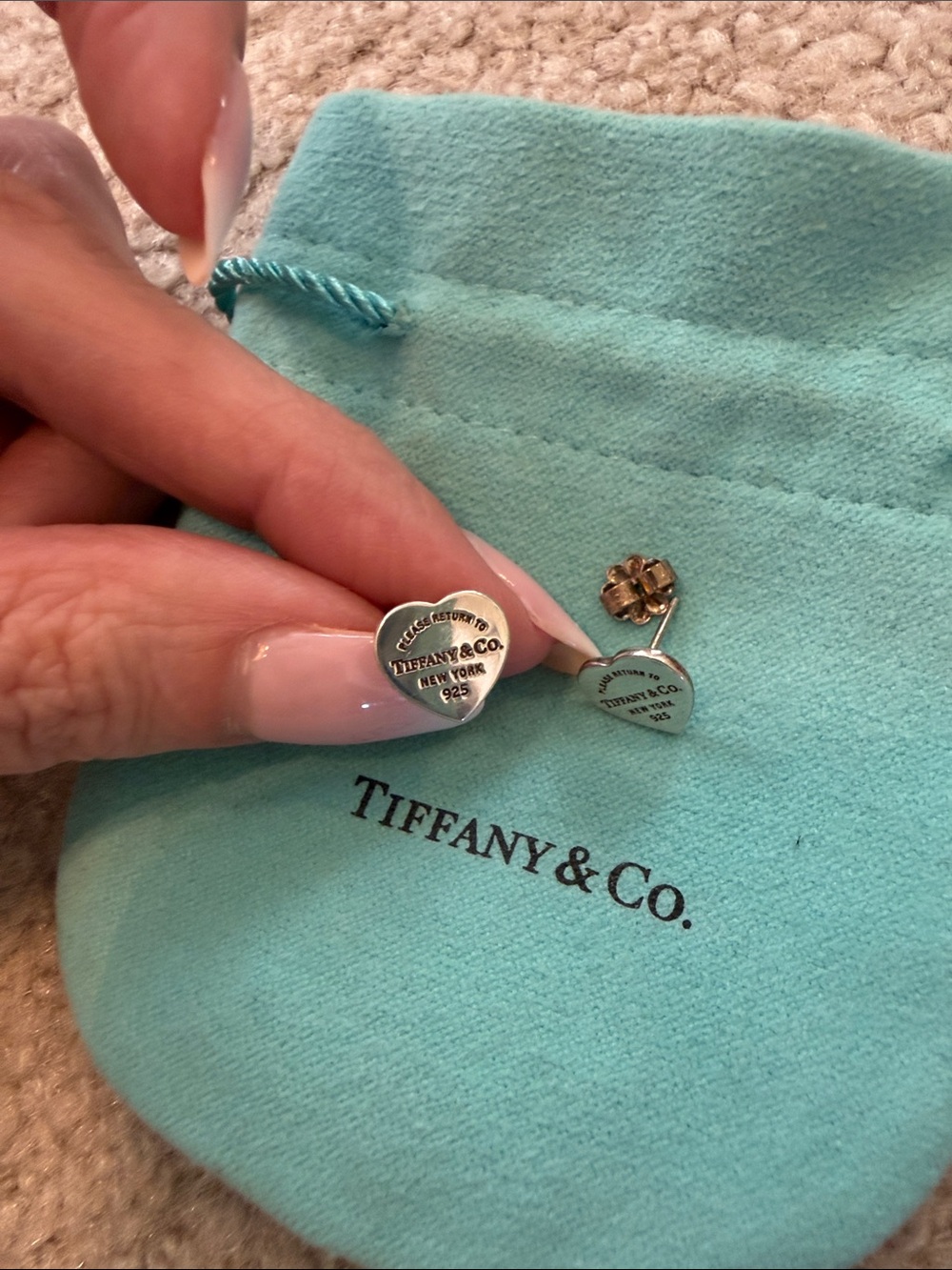 Tiffany & Co. Sterling Silver Heart Studs with Blue Pouch